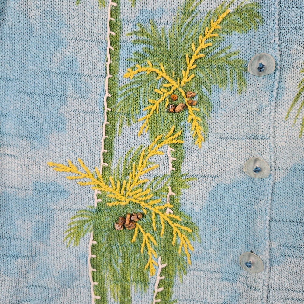 Susan Bristol Women's Blue Cardigan Size L Cotton Blend Palm Trees Rock Coconuts - Picture 5 of 11